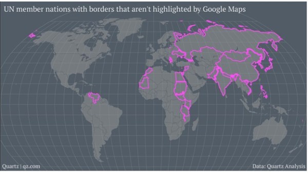 Pays membres de l'ONU avec des frontières qui ne sont pas mis en évidence par Google Maps. Source : Quartz