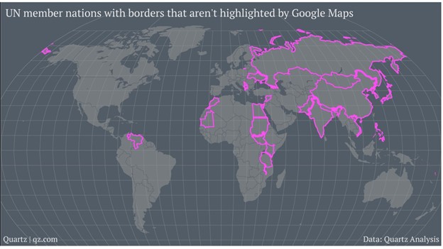 Pays membres de l'ONU avec des frontières qui ne sont pas mis en évidence par Google Maps. Source : Quartz